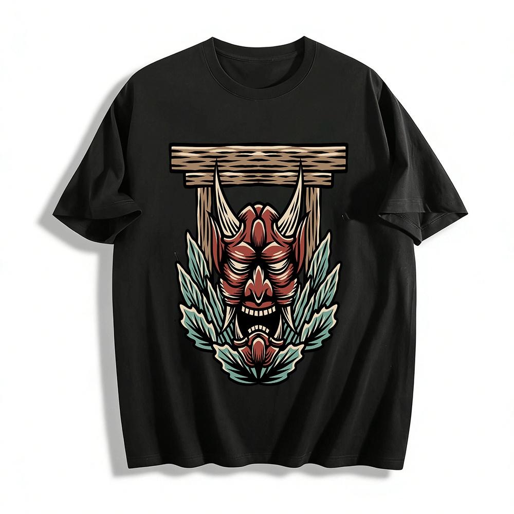Japanese Traditional Hannya Mask Print Tee Retro Ukiyo-e Culture Top Pure cotton T-shirt XXS