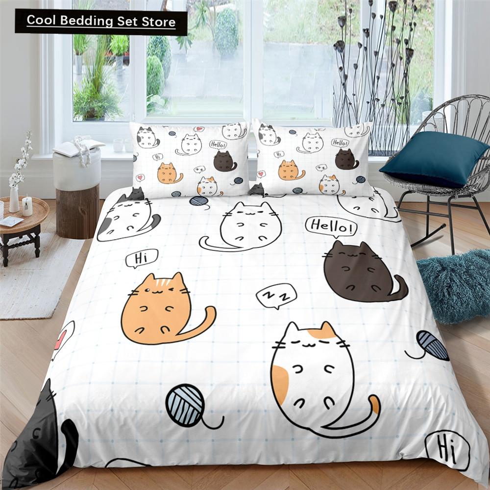 Cartoons Niedliche Katze Bettbezug Bettdeckenbezug Kissenbezug Junge Mädchen 2/3-teiliges Bettwäscheset King Queen Größe Kitty Polyester Bettdeckenbezug