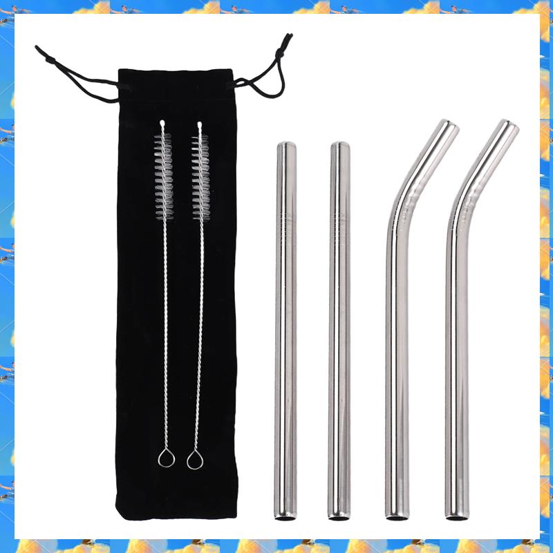 FTS 4Pcs Silver 12Mm Reusable Metal Straws With 2 Brush 304 Stainless Steel Straws Set Bar Drinking Bent Straw Large Caliber