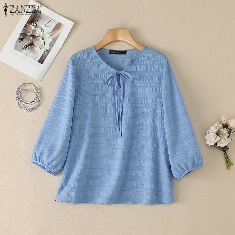 ZANZEA Women Casual Round Neck Solid Color Loose 3/4 Sleeve Blouse