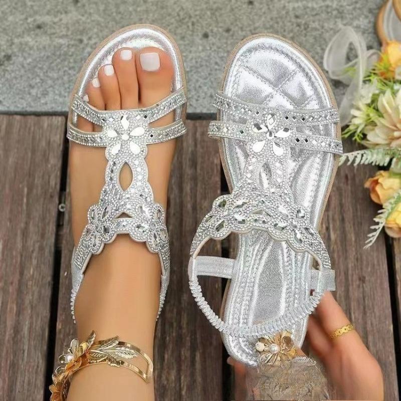 Mode Übergröße 36-46 Damenschuh Strass Flache Sandalen Gummiband Strandschuhe für Frauen Mode Lässig Offene Zehen Sandalias De Mujer