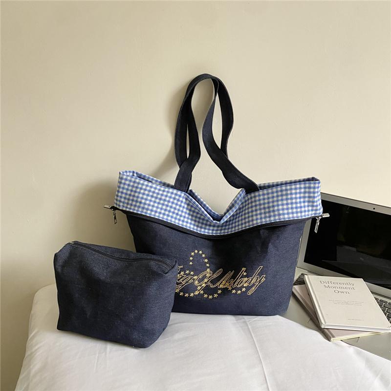 Women's Double-Sided Denim Bag Plaid Shoulder Tote Bag