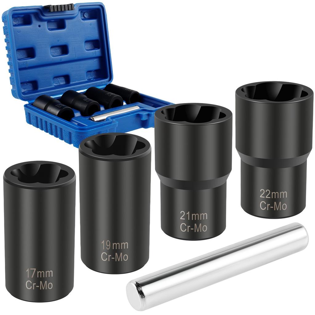 5Pcs Impact Bolt & Nut Remover Set - Chrome Vanadium Steel Lug Extractor with Twist Socket Design - Effortlessly Remove Stripped & Damaged Fasteners