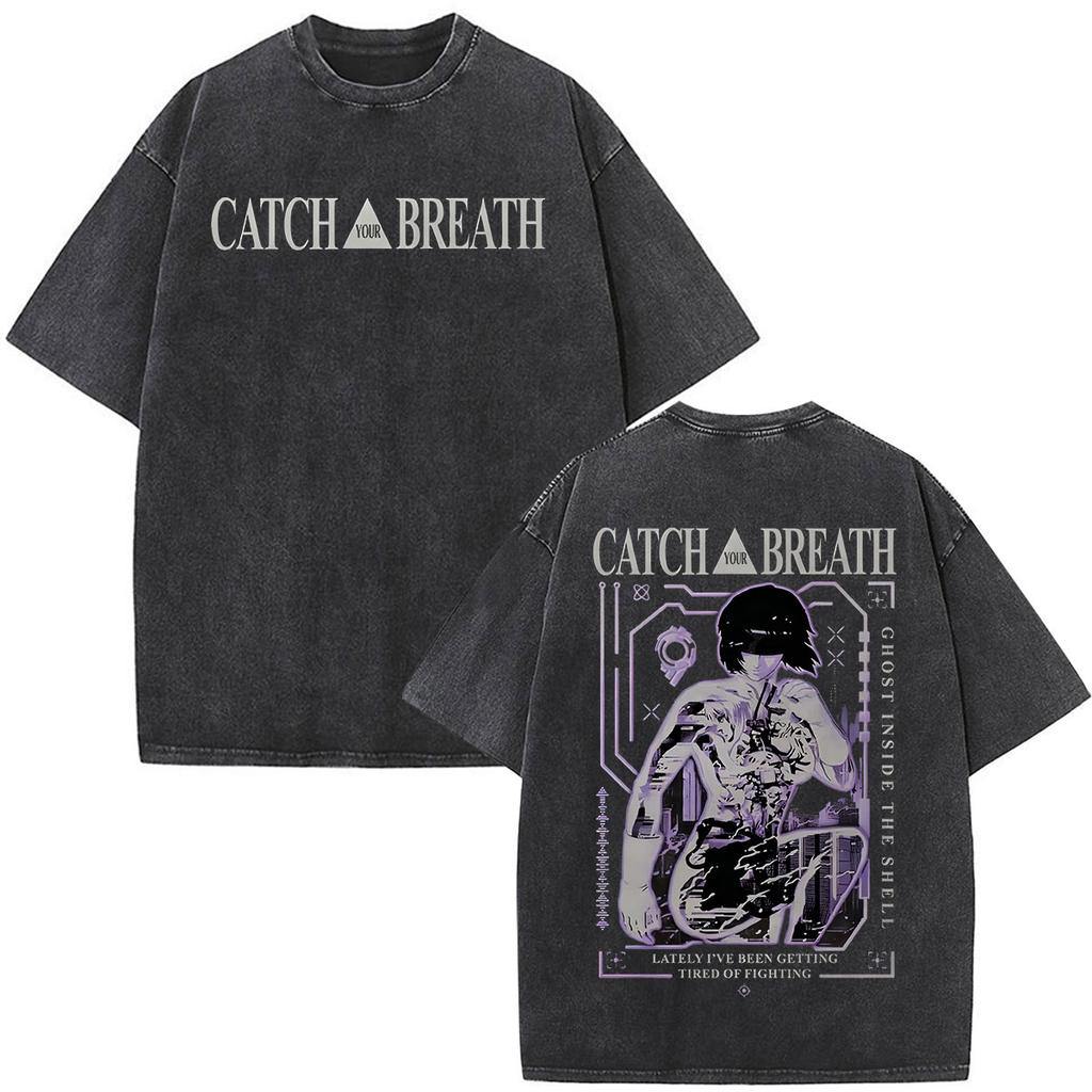 Camisetas Gráficas Vintage Lavadas de Anime Ghost in The Shell Motoko Kusanagi para Hombre y Mujer Moda Camisetas de Manga Corta Oversize