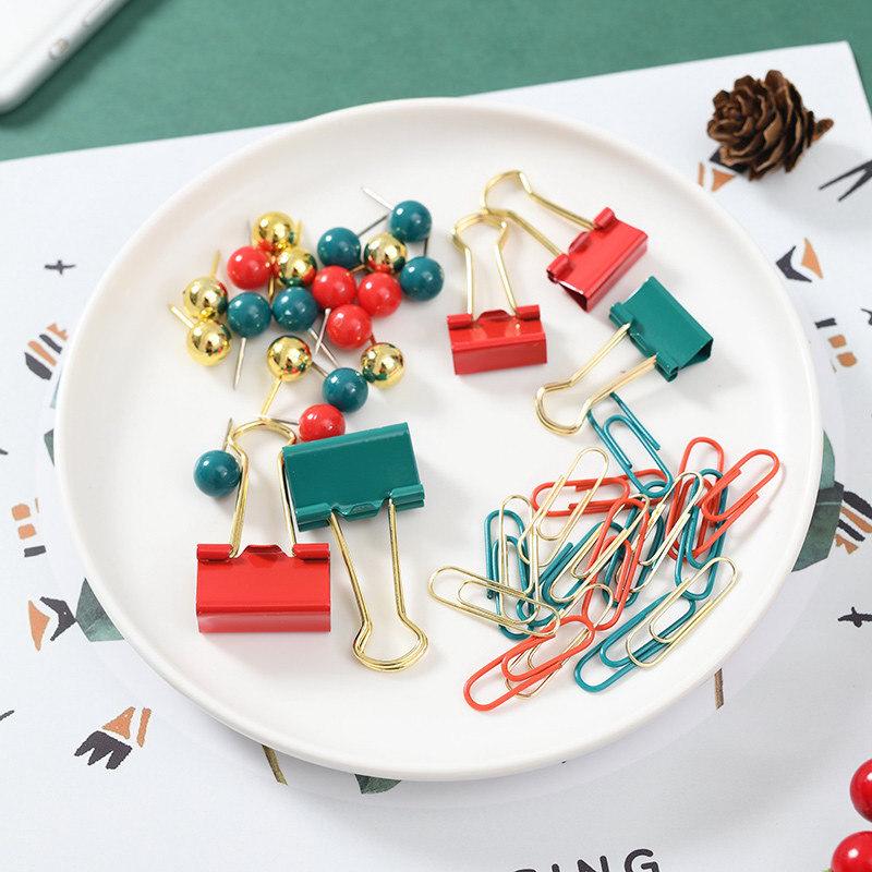 Christmas Gift Set: Red, Green & Gold Binder Clips, Paper Clips & Thumbtacks in Four-Grid Box
