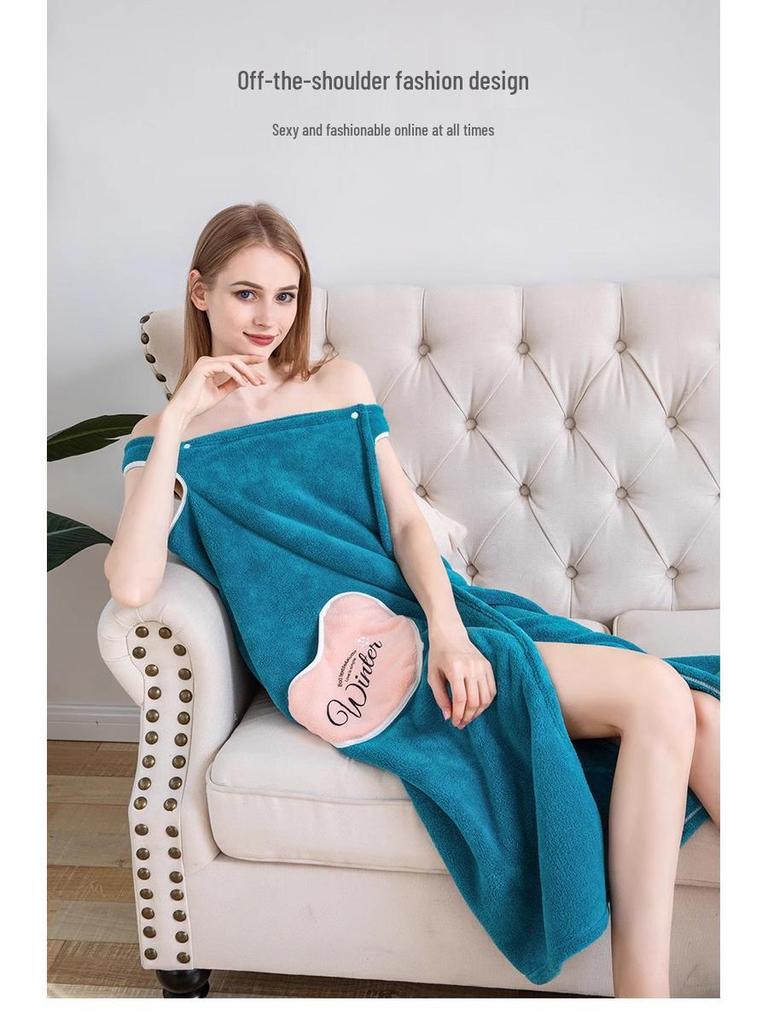 Women's Off-Shoulder Coral Fleece Bathrobe with Star Embroidery