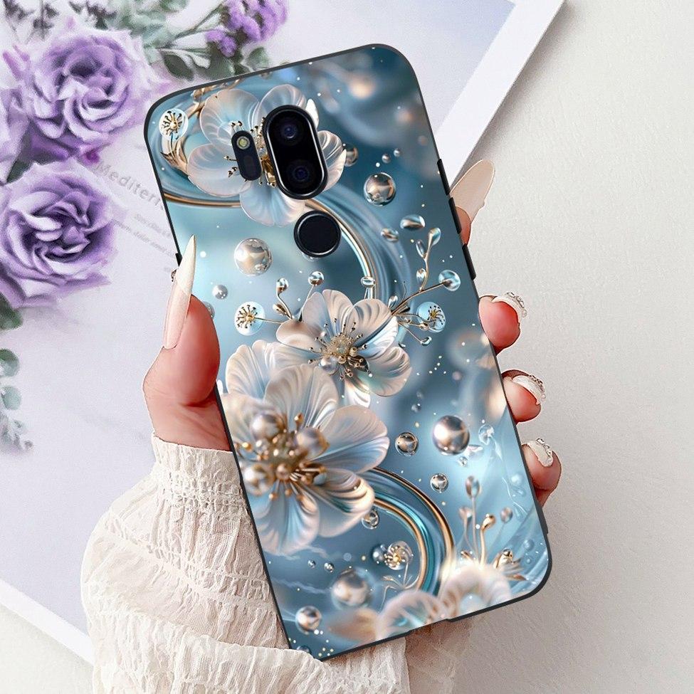 Para LG G7 ThinQ Funda Silicona Negra Gato Lindo Flores de Moda Trasera Pintada Genial Para LG G7ThinQ Funda de Teléfono LMG710EM