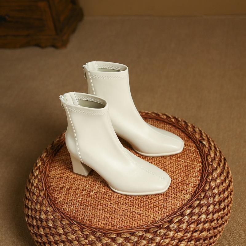 Spring and Autumn Fleece Single Boots Women's Thick Heel Boots Women's Boots High Heel Square Head Short Boots Martin Boots Rear Zipper Short Boots