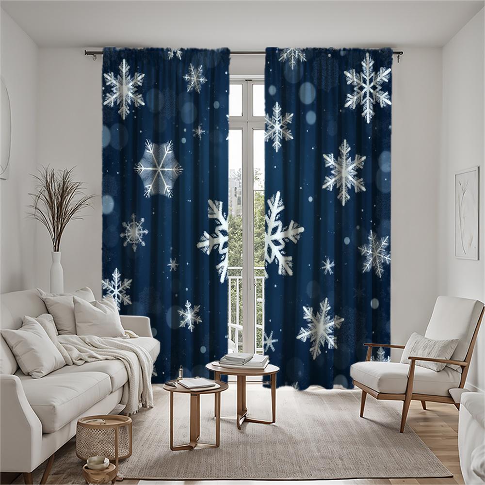 Winter Snowflake Curtains Dark Blue White Snowflakes Living Rooms Bedrooms Polyester Curtain Machine Washable Ideal For Sitting Room