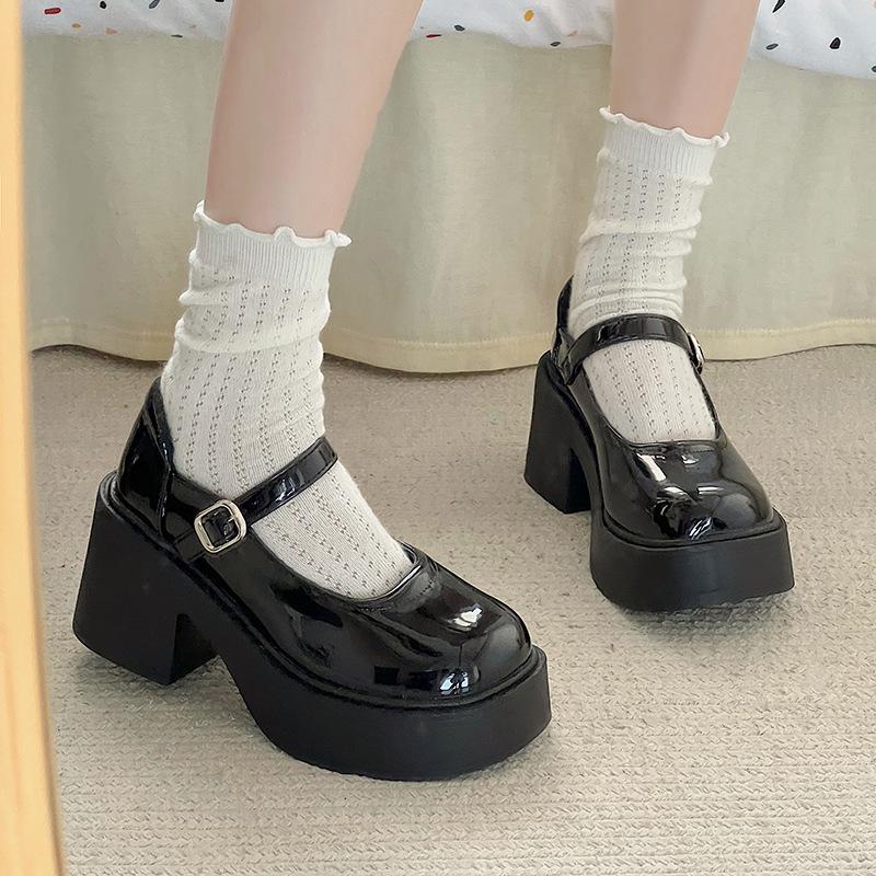 Coarse heel high heel small leather shoes women's spring new thick sole heightening retro Mary Jane single shoes round head