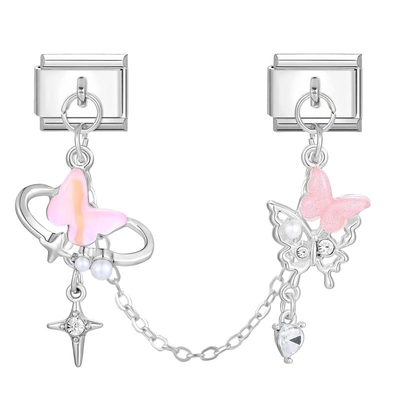 Y2K Zircon Moon Bow Star Pink Heart Tassel Chain Italian Charm Links Fit 9MM Stainless Steel Bracelet Women DIY Making Jewelry