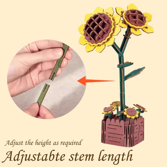 3D Wooden Flower Puzzle Kit for Adults DIY Botanical Bouquet Building Set Wood Sunflower/Rose Floral Craft Kit for Stress Relief Housewarming Gifts