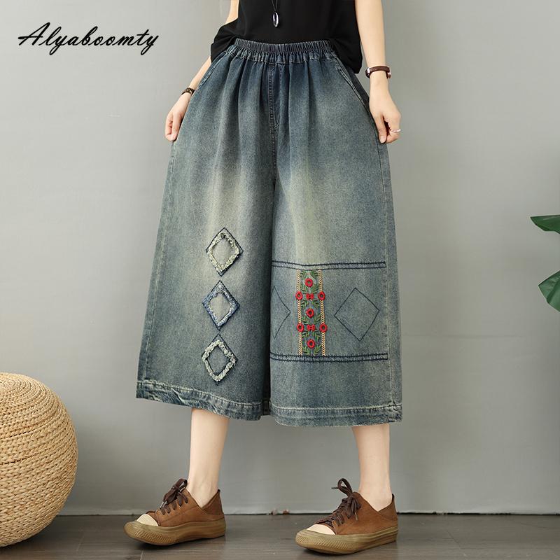 Plus Size Summer Women Wide Leg Jeans Elastic Waist Patchwork Embroidery Baggy Denim Capris Casual Loose Vintage Basic Ladies' 3/4 Length Pants