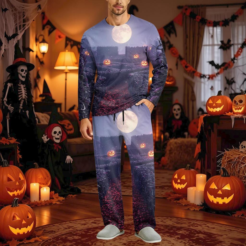 Men's Halloween Pajama Set Long Sleeve Long Pants with Crotch Buttons and Elastic Drawstring Waist