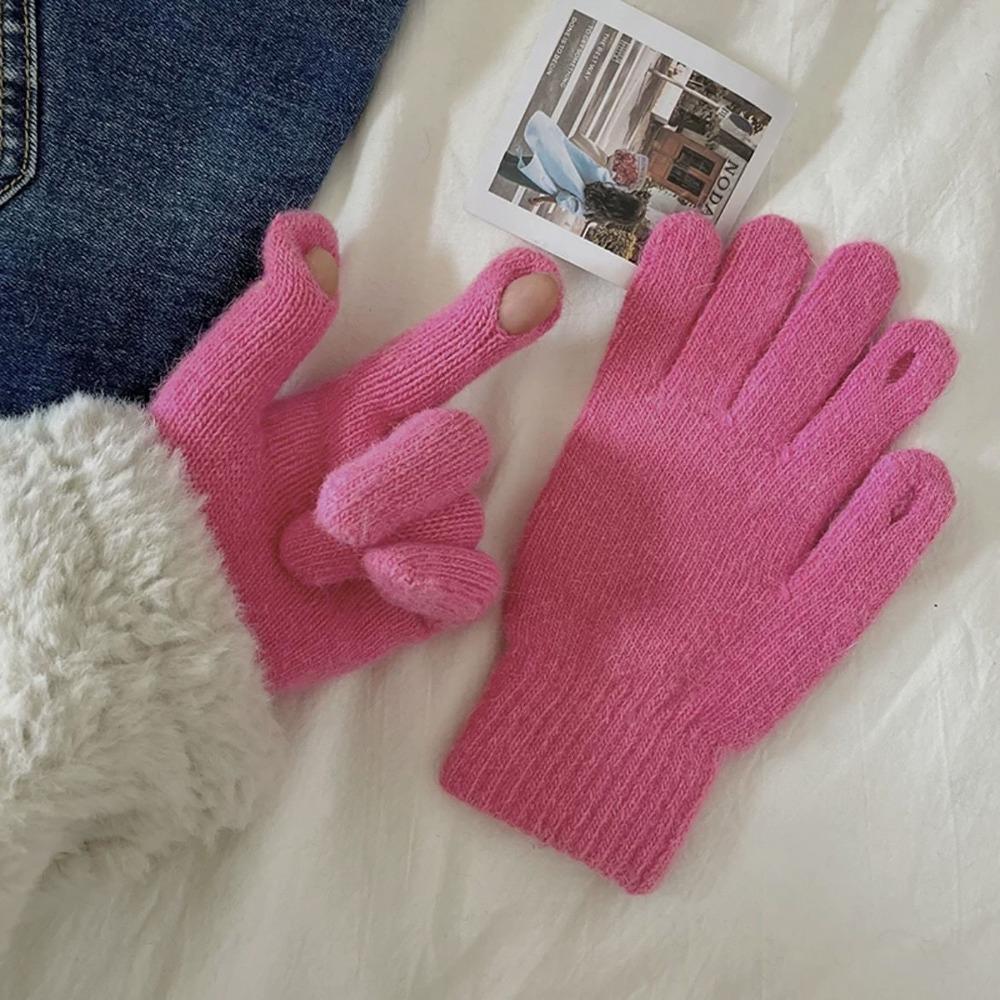 Candy Colored Winter Velvet Gloves Winter Warm Finger Gloves Knitted Gloves  For Woman Girls Maiden