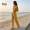 Women Wide Leg Pants V Neck Long Sleeves Jumpsuit, Collared One Piece Romper with High Waisted Jumpsuits Belt, Solid Color Dressy Casual Fall Outfits