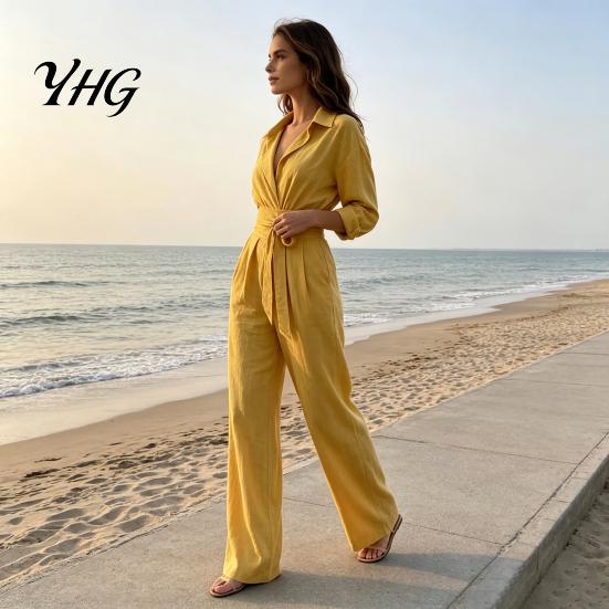 Women Wide Leg Pants V Neck Long Sleeves Jumpsuit, Collared One Piece Romper with High Waisted Jumpsuits Belt, Solid Color Dressy Casual Fall Outfits