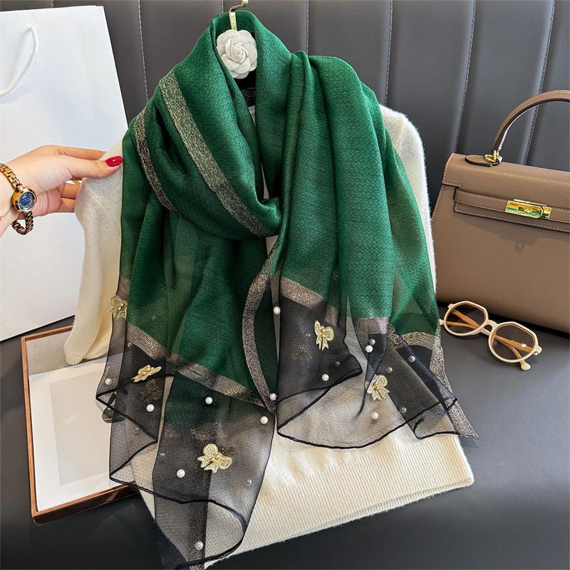 Luxuriöser, glänzender Spitzenschal aus Seide für Damen, Hijab, weiche Wolltücher und -tücher, große Blumen, dünne Schals, Foulard, Weiblich, Bufanda, Neu