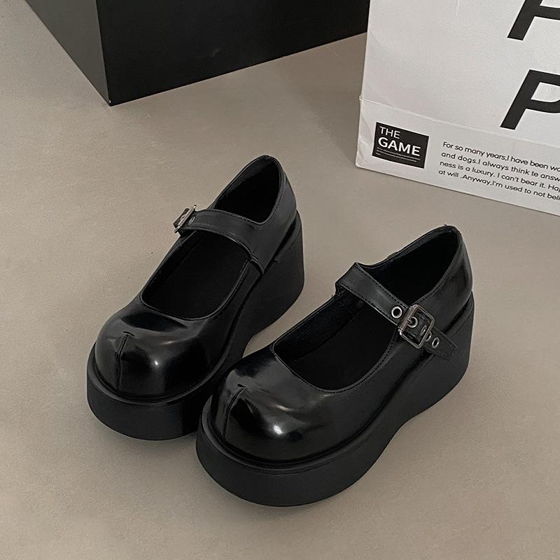 2024 Vår Høst Damesko med Kraftig Høy Hæl Enkelsko Svarte Platform Snøresko Elegante Runde Tå Mary Jane Loafers Sko