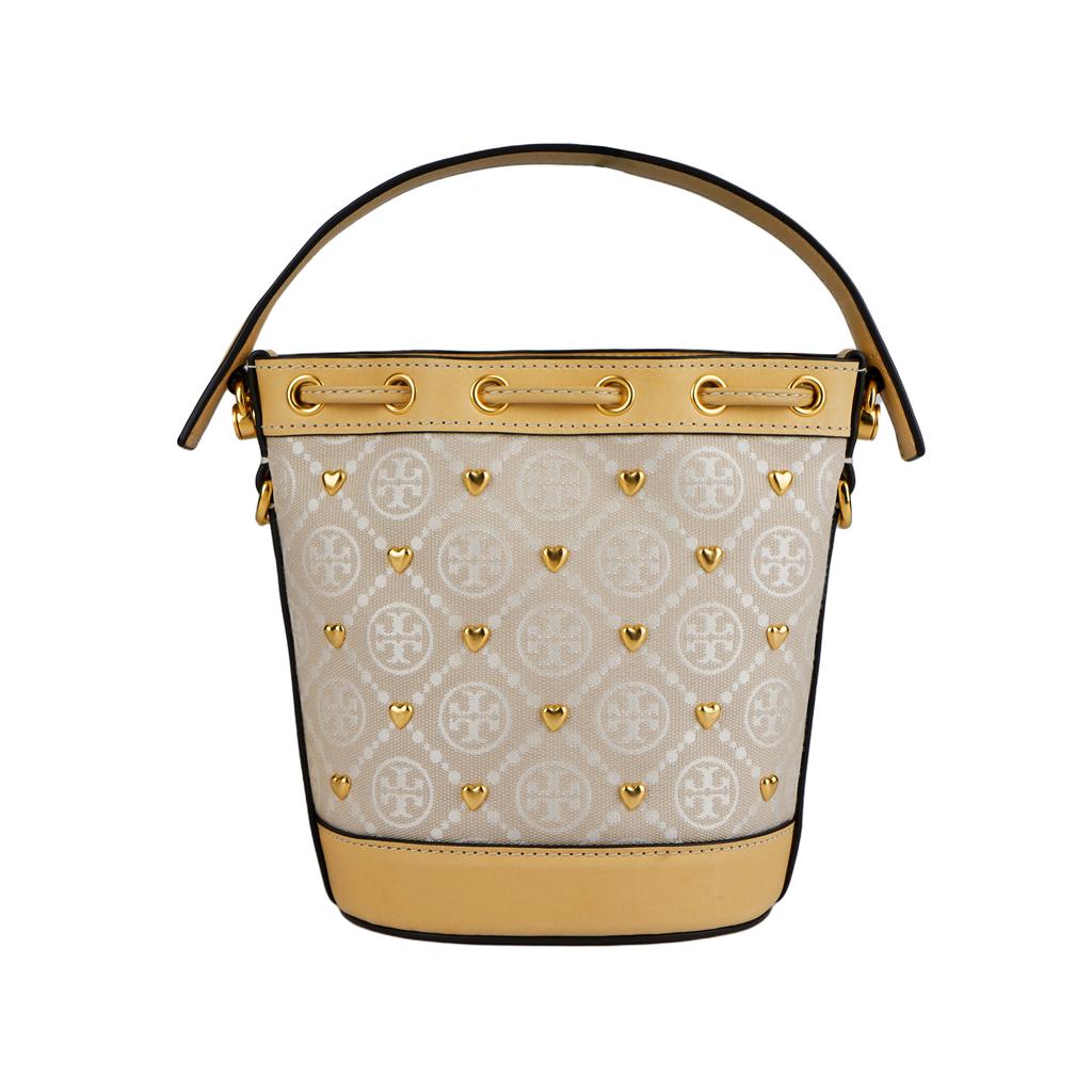 Tory Burch T Monogram Metal Heart Stud Drawstring Bucket Bag Women Handbags Ivory 161505-104