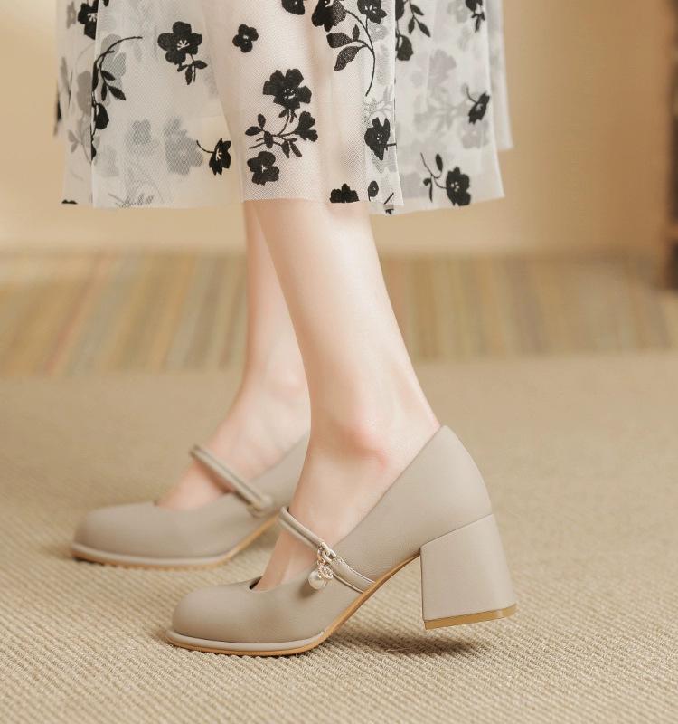 

Туфли Мэри Джейн на толстом каблуке в новом китайском стиле Ханфу для женщин - Жемчужные туфли на высоком каблуке с ремешком, универсальная обувь для ципао 40 серый