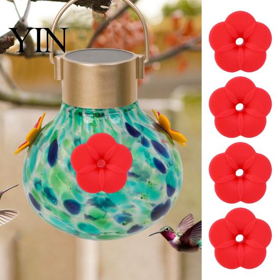 Elastic Hummingbird Feeder Nozzle 4PCS Replacement Parts, Simulated Red Flowers Shape, Universal Tool-free Repair Fit Silicone Waterproof Bird