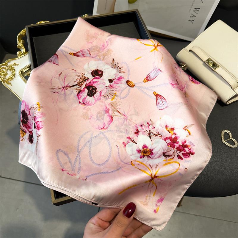 70cm Lily of The Valley Scarf Women's Spring and Summer Thin Satin Square Scarf High-end Temperament Small Scarfs Shawl