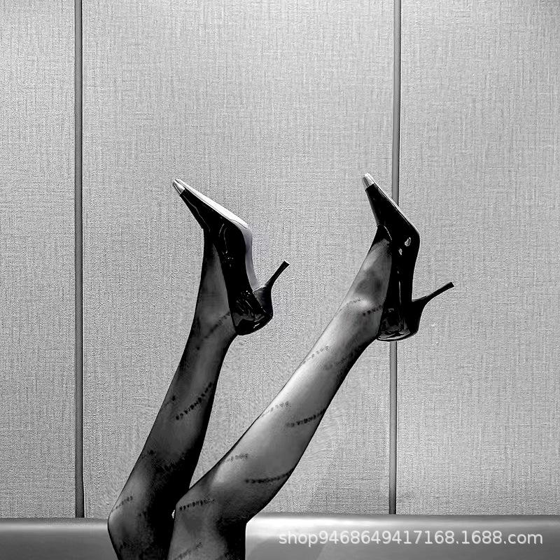 Black High Heels Women's 2024 Spring and Autumn New Patent Leather Thin Heel Metal Square Head Fashion Single Shoes Women's Shoes