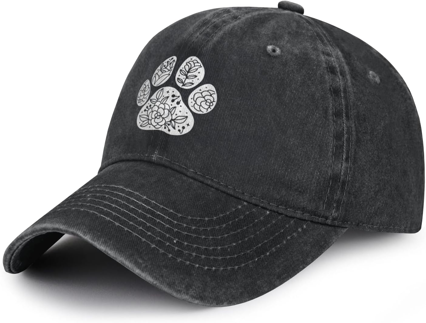 

Floral Paw Print Baseball Cap Vintage Washed Polyester Adjustable Casual Hat for Dog Lovers One Size