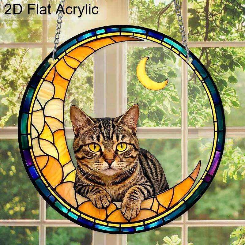 Acrylic Crescent Moon Tabby Cat Suncatcher, Stained Glass Style Window Hanging Ornament for Cat and Celestial Lovers
