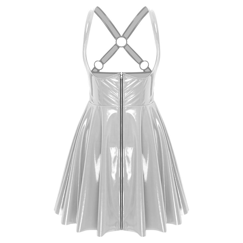 Mouwloze gothic punkjurk voor dames met lage halslijn, ritssluiting aan de voorkant, gekruiste A-lijn en glanzende wet-look, geschikt voor in de club.