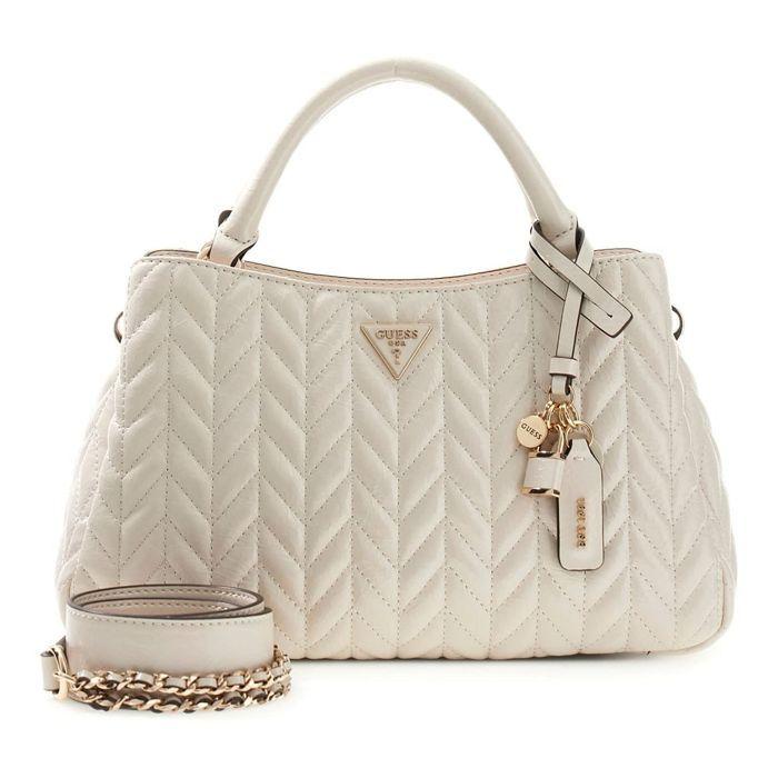 GUESS Sac à main crème pour femme - Cheryl Triple Compartment Satchel Stone 338815