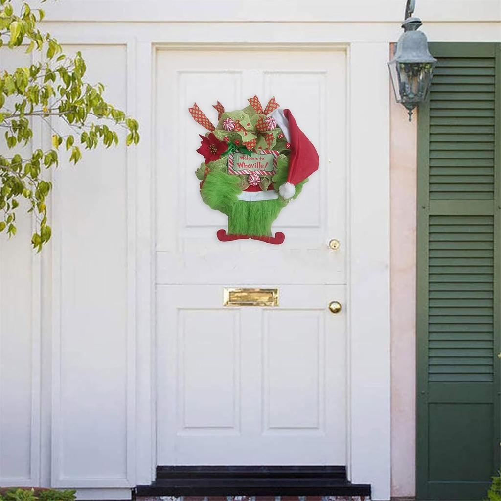 Green Elf Legs Christmas Wreath, Welcome Sign Hanging On The Front Door for Holidays, Indoor and Outdoor Home Decoration