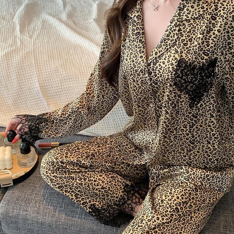 Pajamas Ladies Ice Silk Lace Leopard Print Light Luxury Early Spring Mature Long Sleeve Suit Comfortable Loungewear