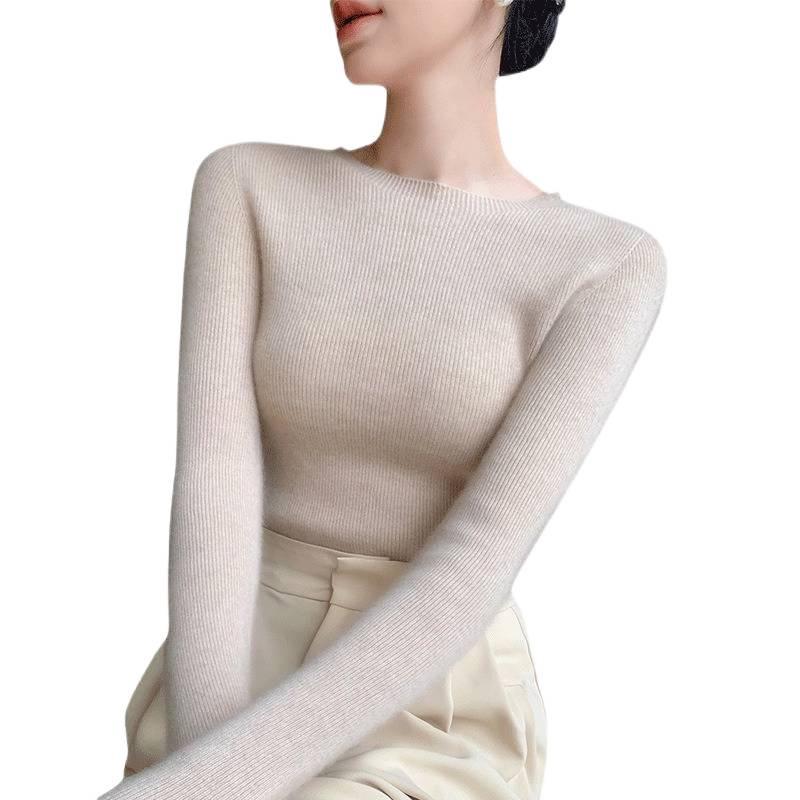 Women's Slim Fit Seamless Wool Base Layer Top - Elegant Ribbed Solid Color