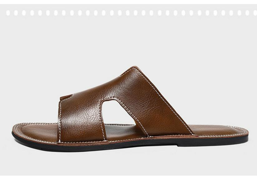 Men's Genuine Leather Cross Strap Slip-on Slippers, Size 46-47, Non-slip Outdoor Beach Flip Flops