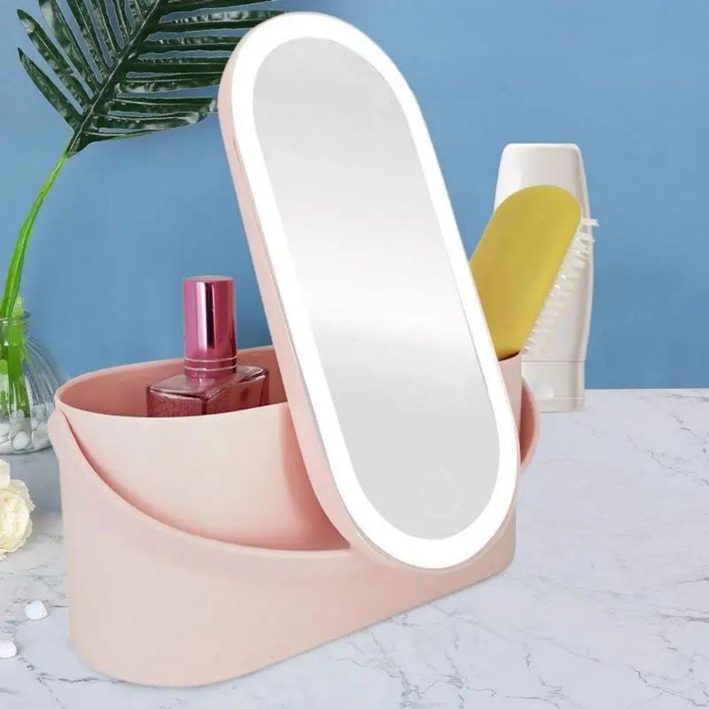 

Косметическое зеркало-органайзер с подсветкой, туалетными принадлежностями, с переносной ручкой для путешествий, светодиодным зеркалом с подсветкой и сенсорным освещением розовый