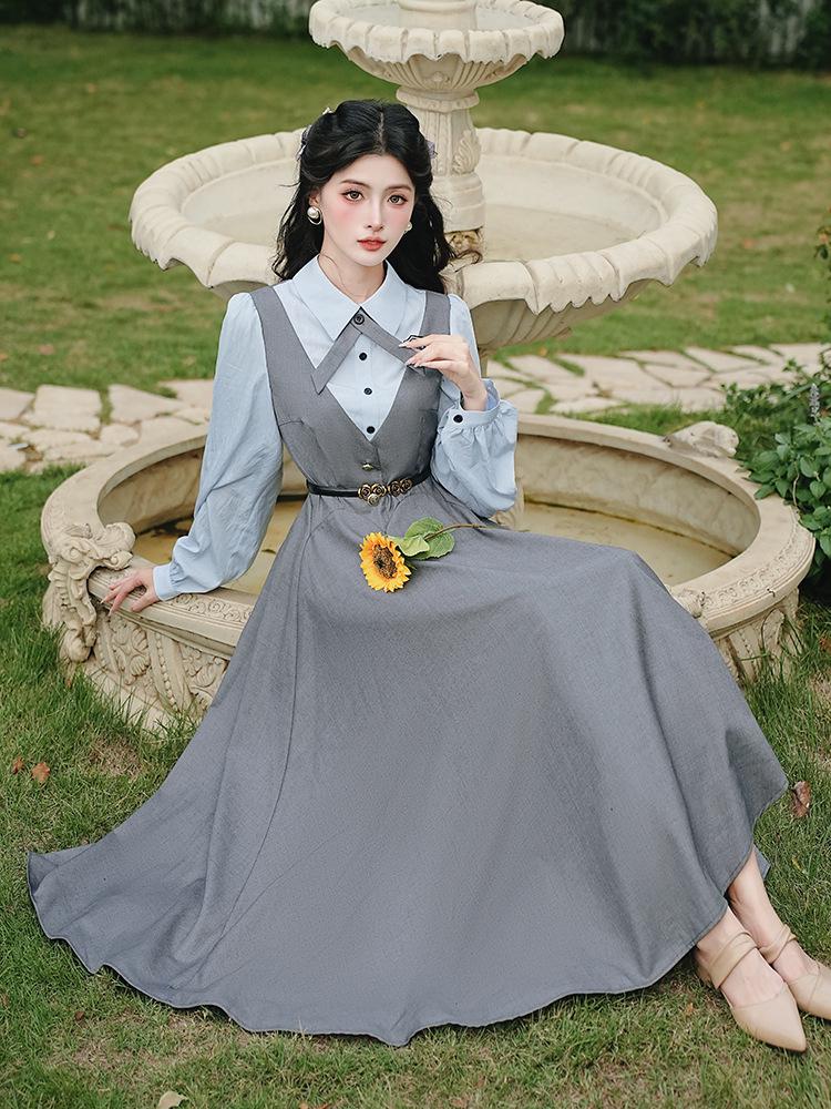 Retro Academy Style Doppellagiges Westenkleid mit Hemd mit Umlegekragen