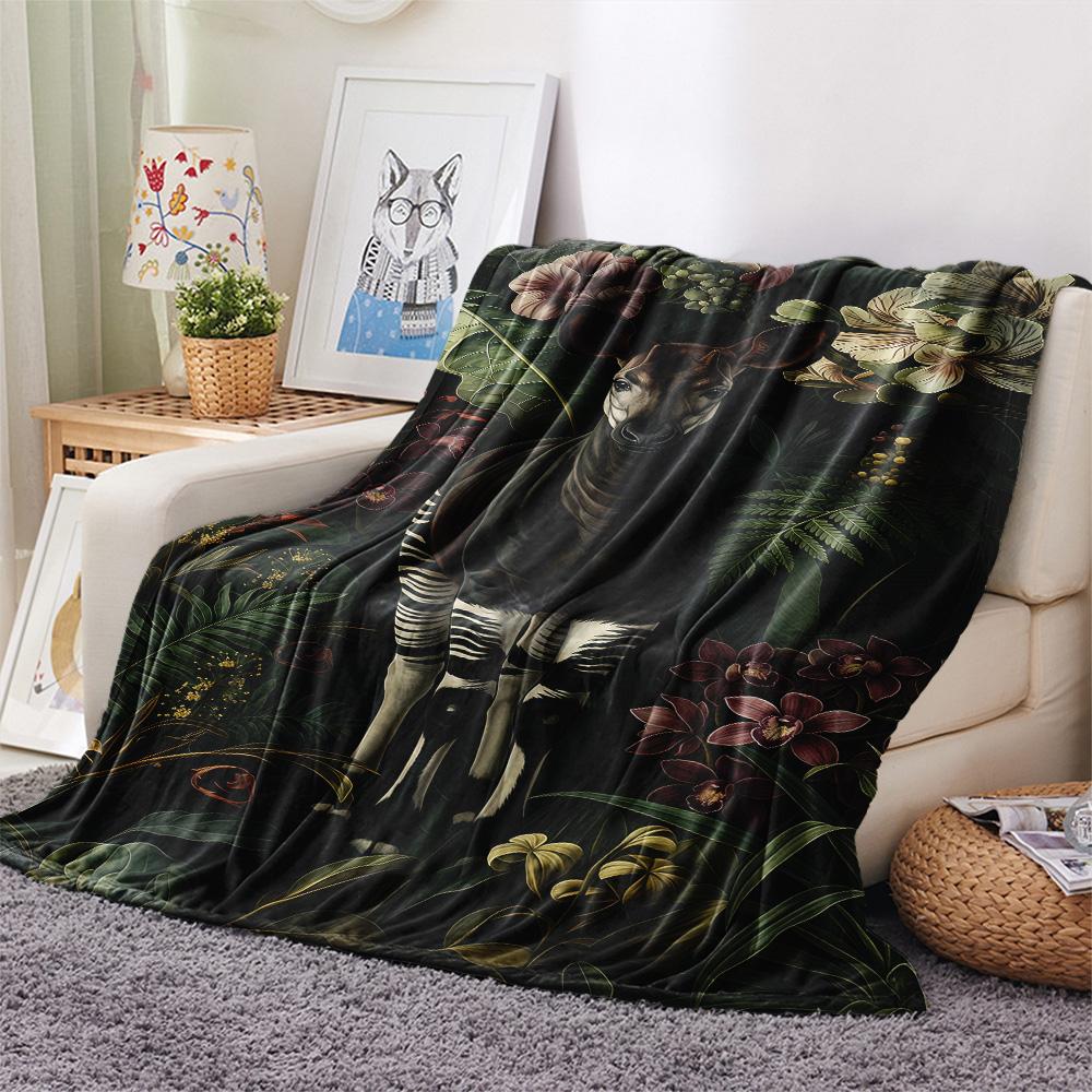 1PC Cute Okapi Print FlAannel Blanket, High Quality Comfortable for All Seasons, Home Decor, Warmth and Comfort