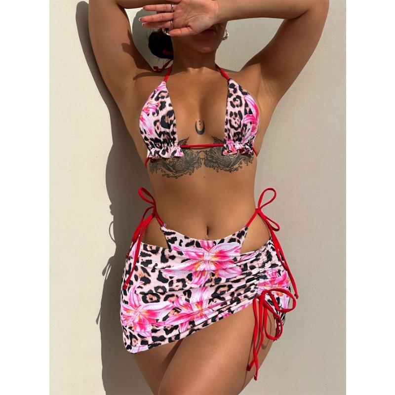 Women Sexy Three Piece Printed Reversible Bikini Swimsuit Female Beach Swimming Wear