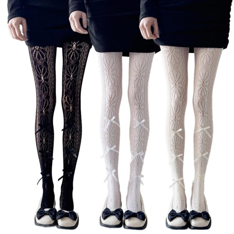 Women Hollow-Out Sheer Fishnet Pantyhose Japanese Style Sweet Bowknot JK Floral Lace Patterned Leggings Mesh Tights