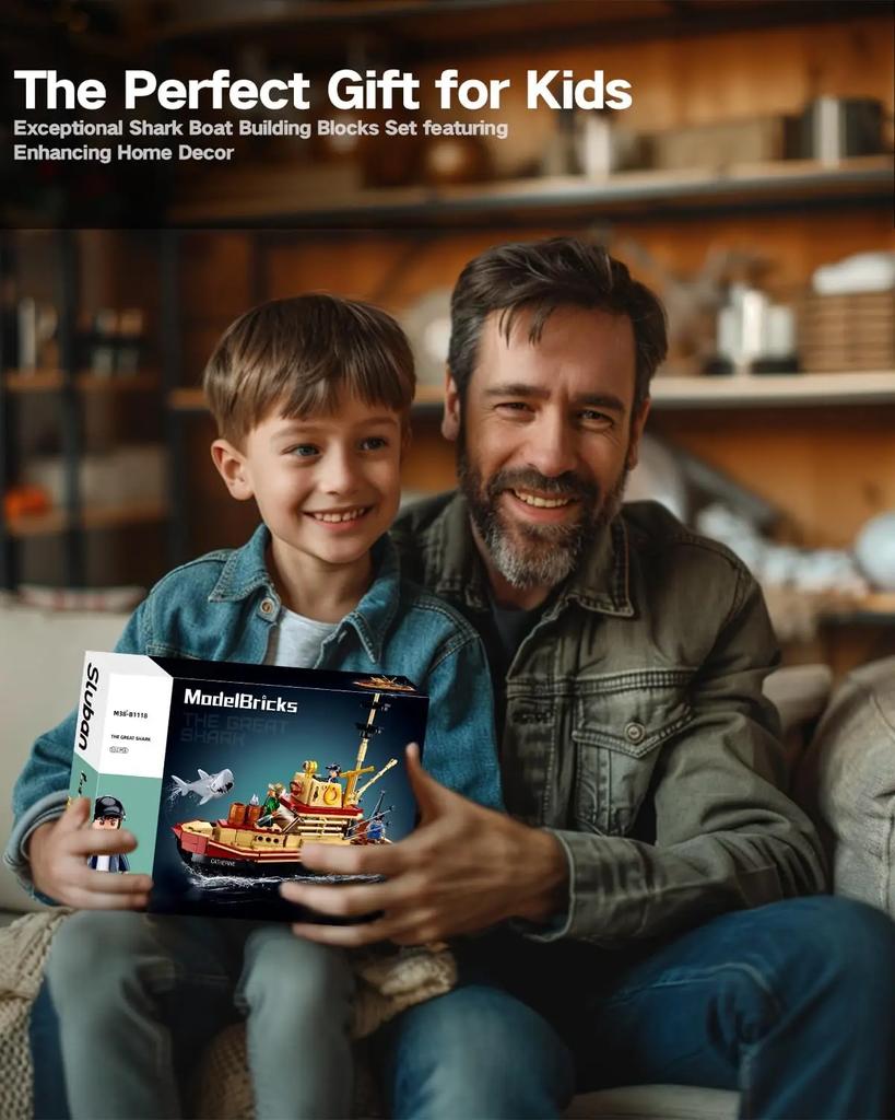 Non-Toxic 592Pcs Shark Fishing Ship Building Blocks Great White Model With Mini Figures Creative Diy Toy Birthday Gift For Kids Adults