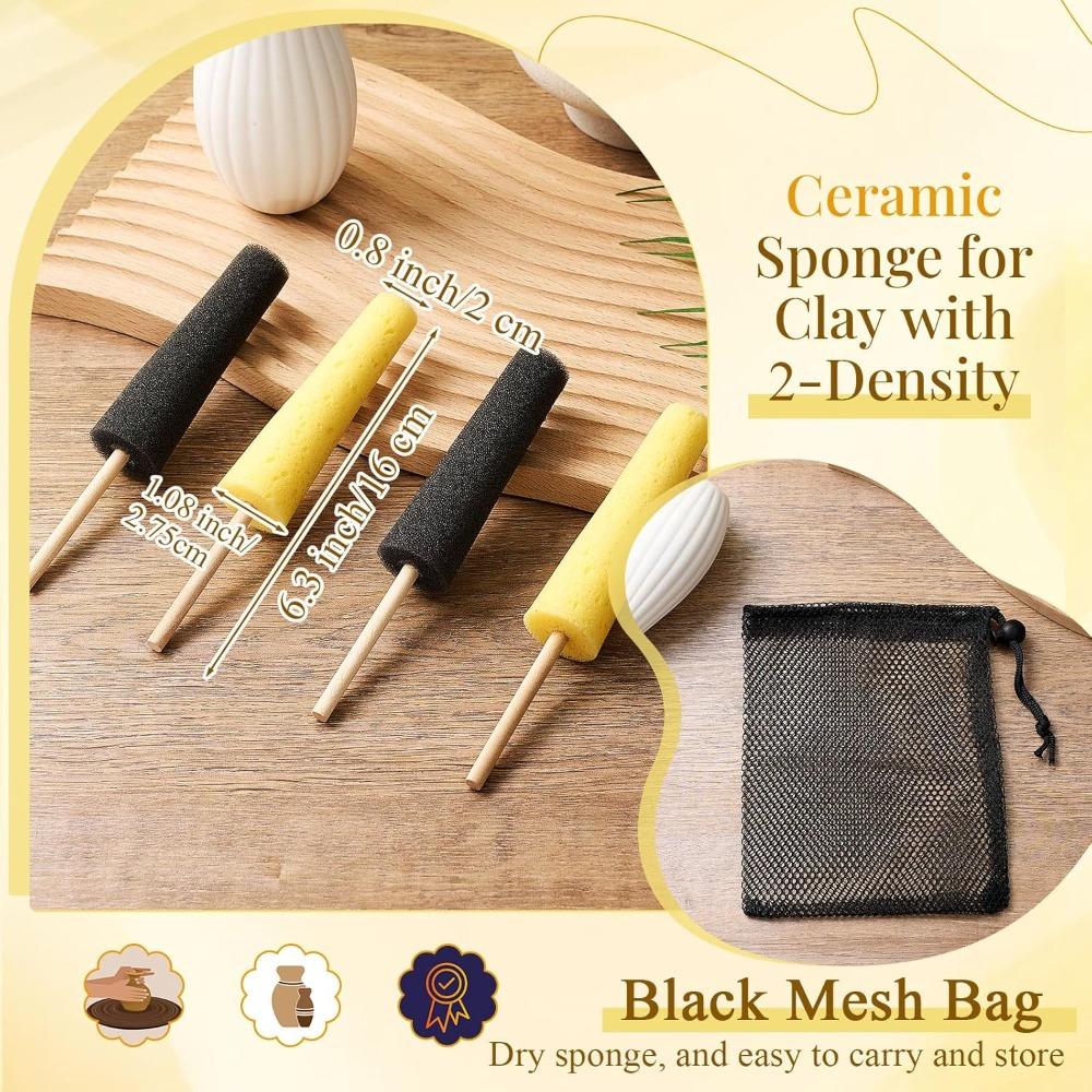 

4pcs Pottery Sponges Clay with Stick 2 Colors Pottery Trimming Tools for Clay Making Ceramic Tools Burr Repair Sponge Accessories Shaping and Carving