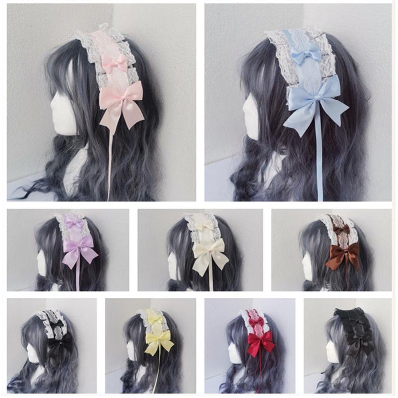 NEW Lolita Ruffled Headband Sweet Star Embroidery Lace Ribbon Bow Hairband with Hairpins Anime Maid Cosplay Headdress