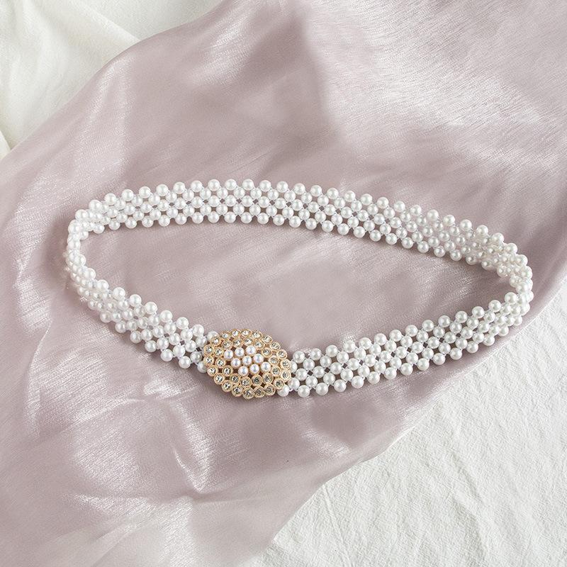 Spring and Summer Pearl Waist Chain Women's Decorative Belt with Dress Thin Elastic Waist Seal Versatile Korean Version Sweet and Elegant