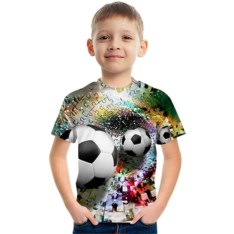 Summer Round Neck 3D Colorful Football Pattern Printed Top Fashionable Casual Short Sleeved Children's Boy T-shirts
