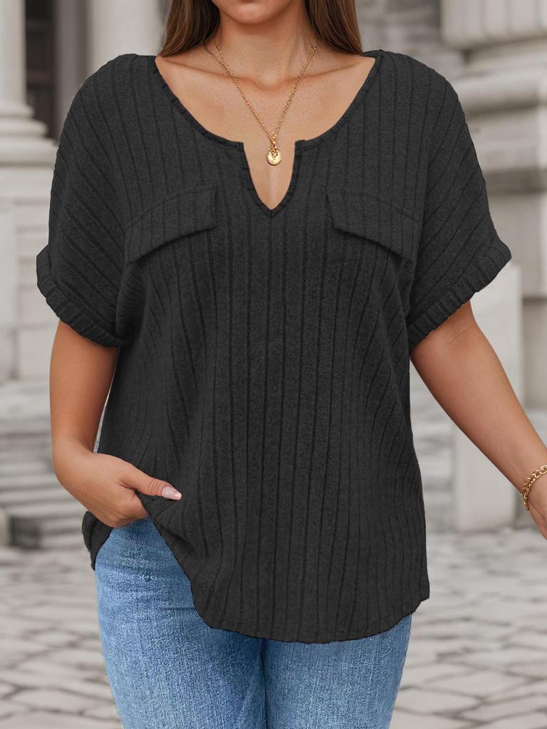 2026 Spring/Summer Plus Size Women's V-Neck Short Sleeve Solid Color Pullover T-Shirt