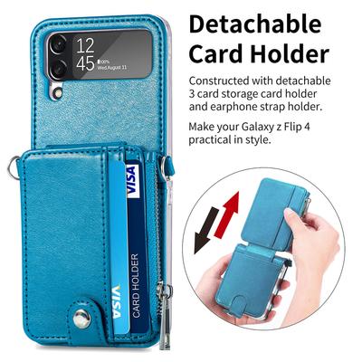 Husă din piele anti-reflex pentru Samsung Galaxy Z Flip 4 Flip4 Flip3 Flip 3 Zflip4 cu slot pentru card, funcție de portofel, husă cu curea pentru telefon