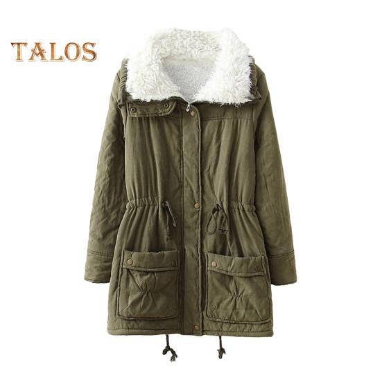 Winter Women Jacket Thickened Plush Turn-down Collar Long Sleeves Elastic Waist Pockets Zipper Closure Coat Mid Length Windproof Warm Coat