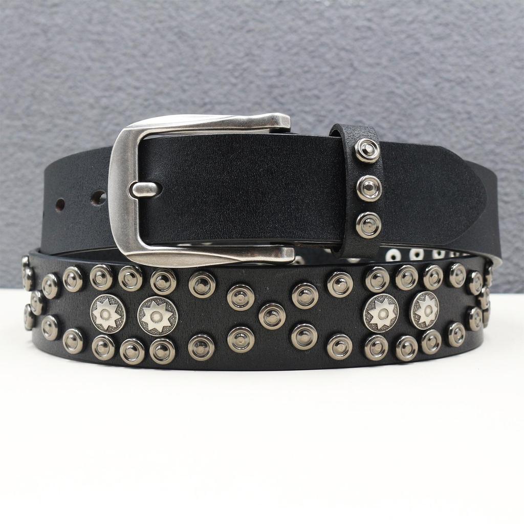 Gothic Star Rivet Cowhide Leather Belt - Western Y2K Style